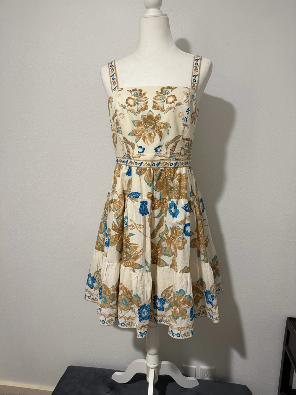 Cream Floral Sundress with Blue Accents